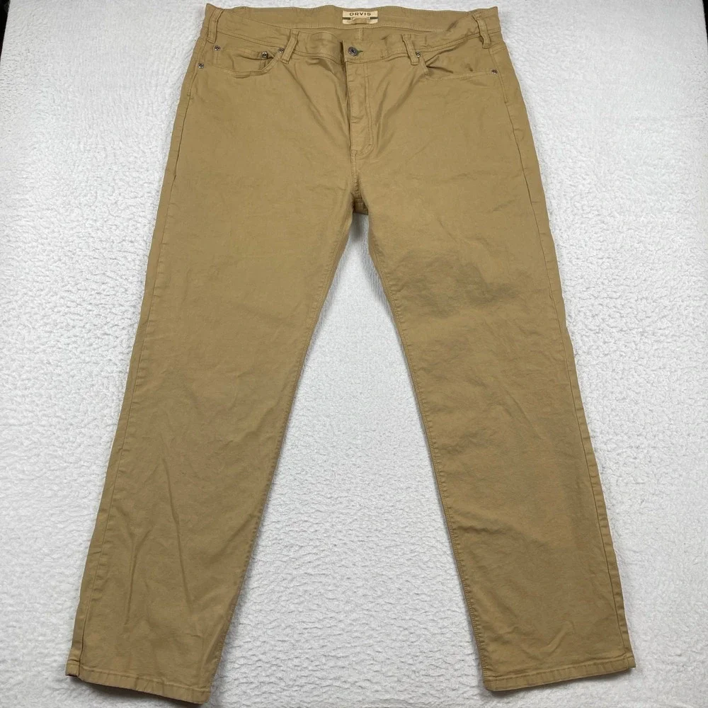 Orvis‎ Five Pocket Pants Mens 42x30 Tan Khaki Cotton Stretch Straight Leg
